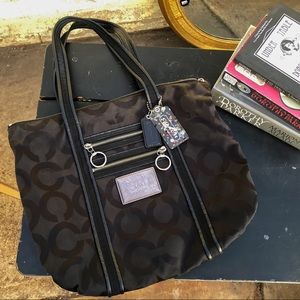 Black Poppy Monogram Coach Hobo Tote